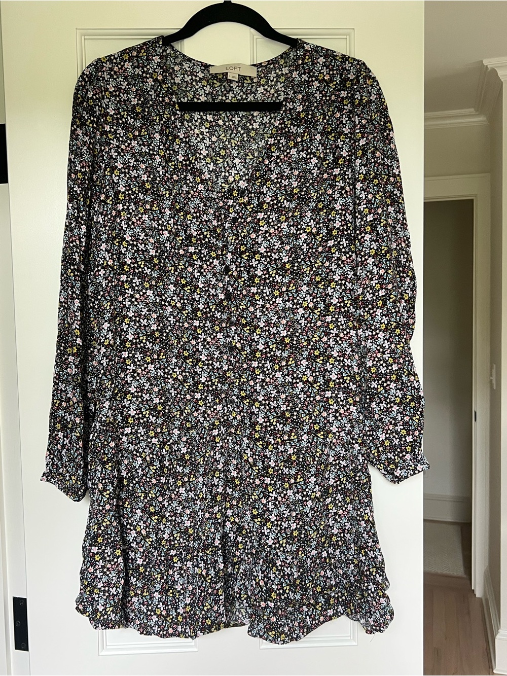 LOFT Black Floral Button-Front Tunic Dress